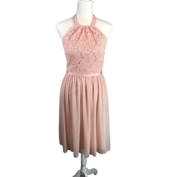 Peach Cocktail Dress 4 Pink Lace Chiffon Bridesmaid Dance Halter Homecoming Prom - Picture 1 of 10